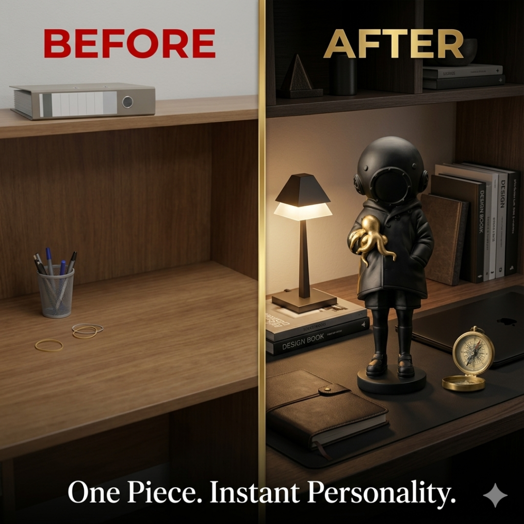 Astronaut Child Figurine with Golden Octopus Sculpture – Modern Space Art Decor