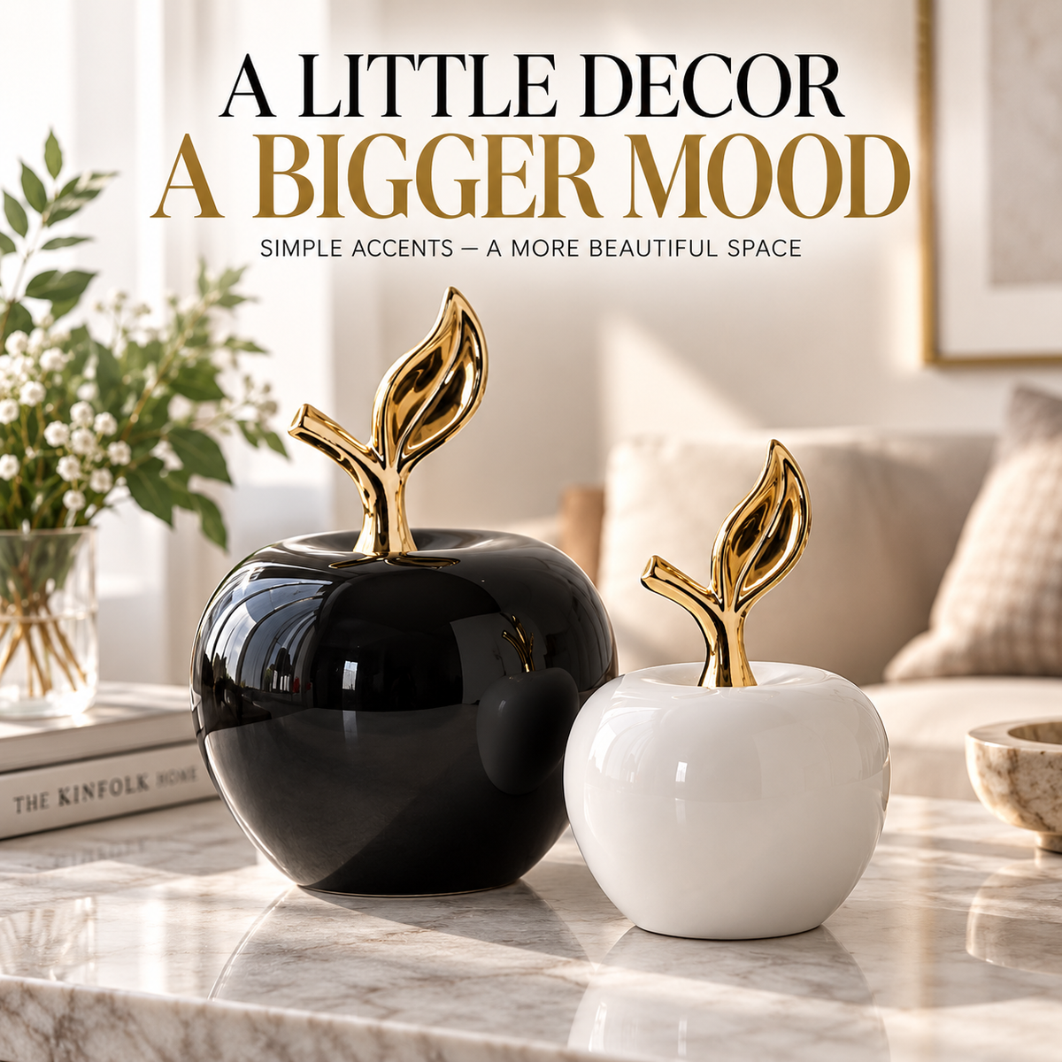 Glossy Apple Ornament with Gold Leaf | Ceramic Tabletop Accent | Modern Shelf Decor | Elegant Home Styling