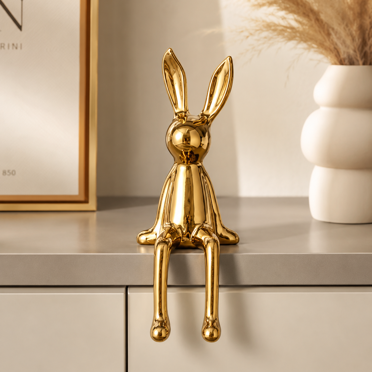 Ceramic Rabbit Figurine Decor | Long Ear Sitting Bunny Statue | Modern Shelf Accent for Home Room Styling