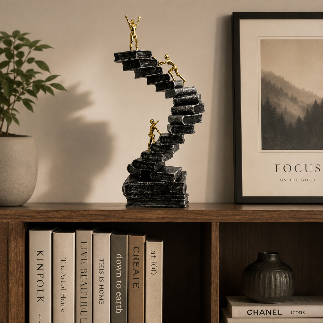Climbing Book Staircase Sculpture | Gold Figure Office Decor | Inspirational Desk and Living Room Accent
