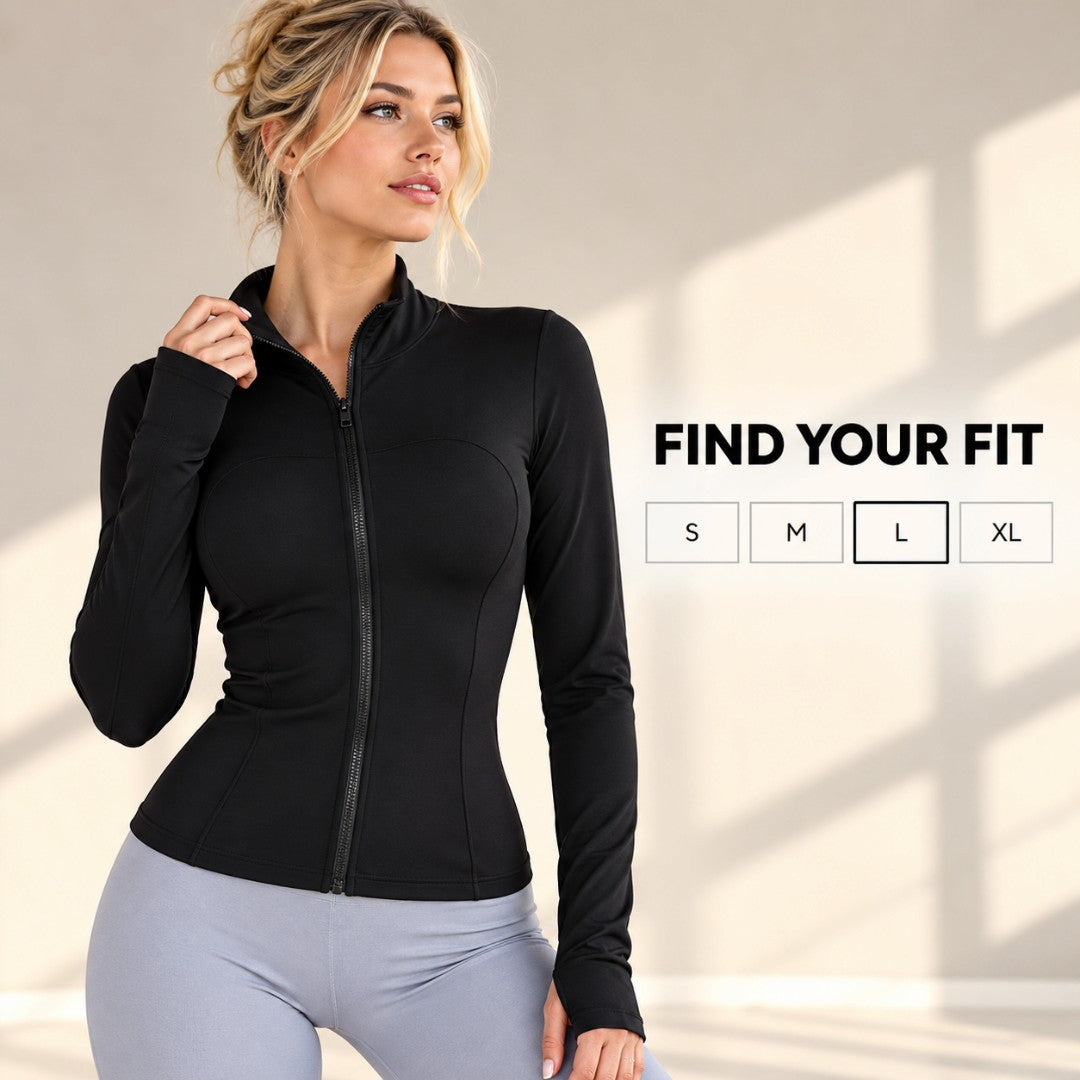 Women's Black Zip Up Yoga Jacket | Slim Fit Long Sleeve Workout Top | Fitted Pilates Jacket | Minimalist Athleisure Wear