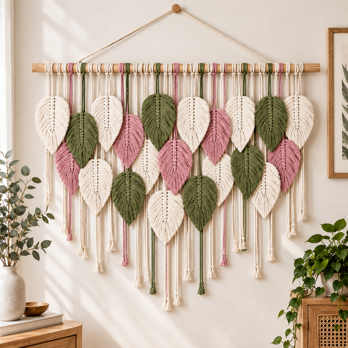 Boho Leaf Macrame Wall Hanging | Woven Feather Tapestry Decor | Textured Bedroom Living Room Wall Art | Natural Home Accent