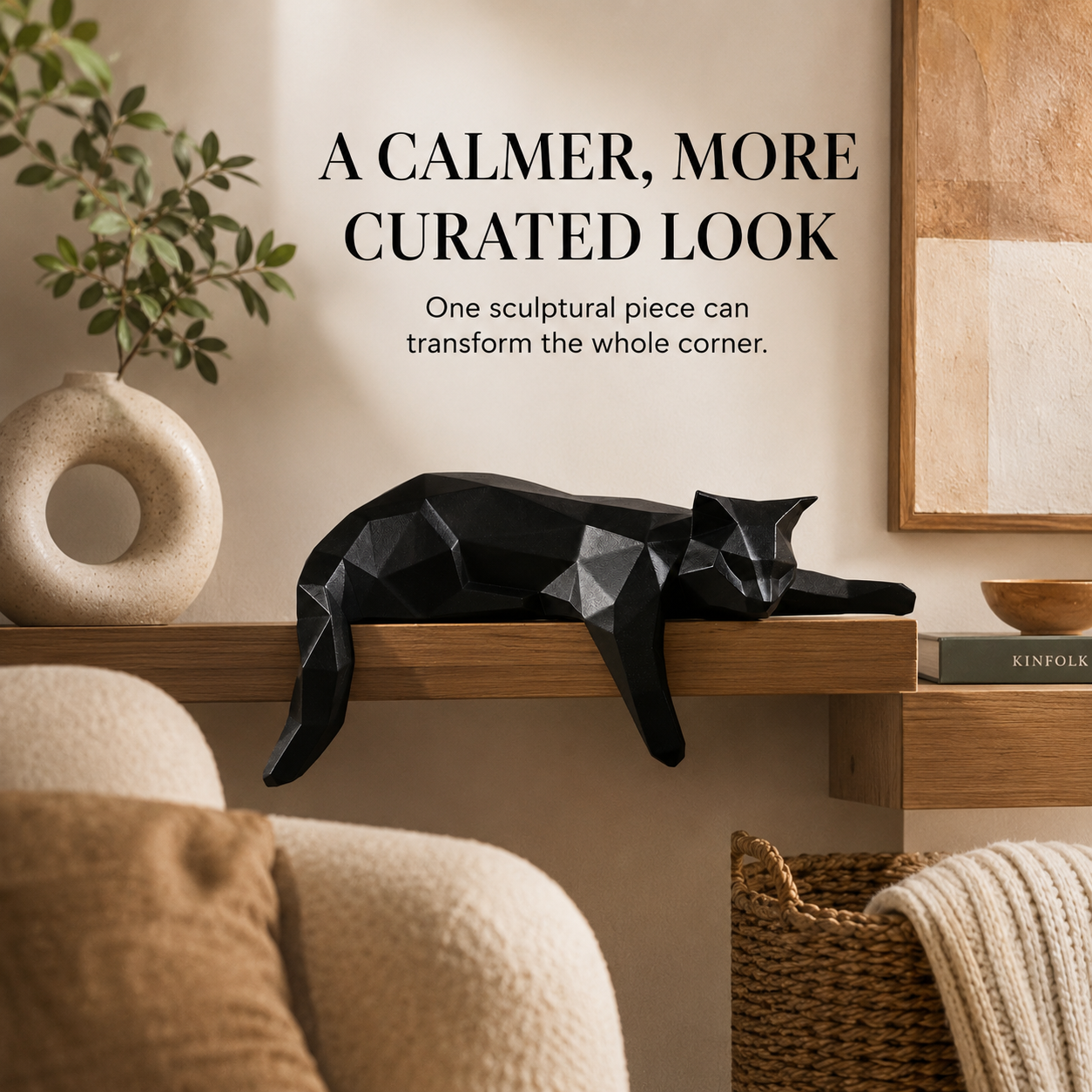 Geometric Lying Cat Statue | Modern Room Decor Figurine | Shelf Desk Table Sculpture | Cat Lover Gift Accent