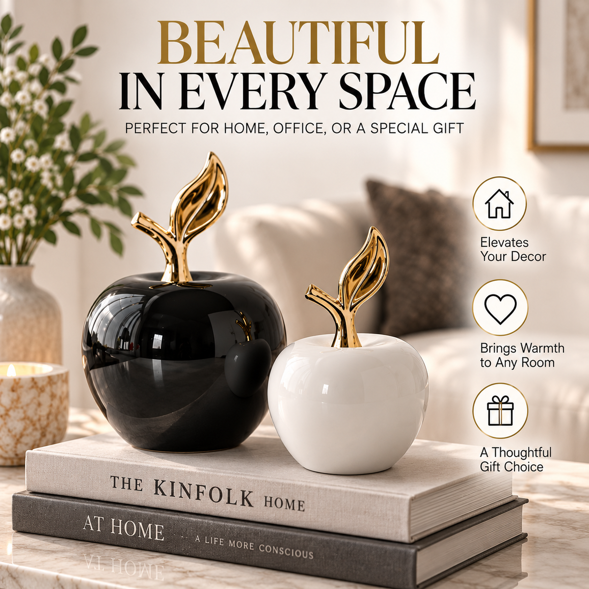 Glossy Apple Ornament with Gold Leaf | Ceramic Tabletop Accent | Modern Shelf Decor | Elegant Home Styling