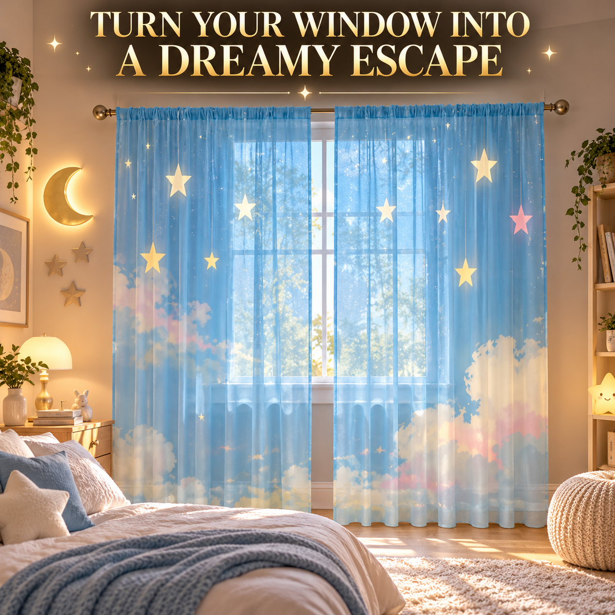Star Cloud Sheer Curtains | Dreamy Bedroom Window Drapes | Celestial Room Decor | Rod Pocket Living Room Panels