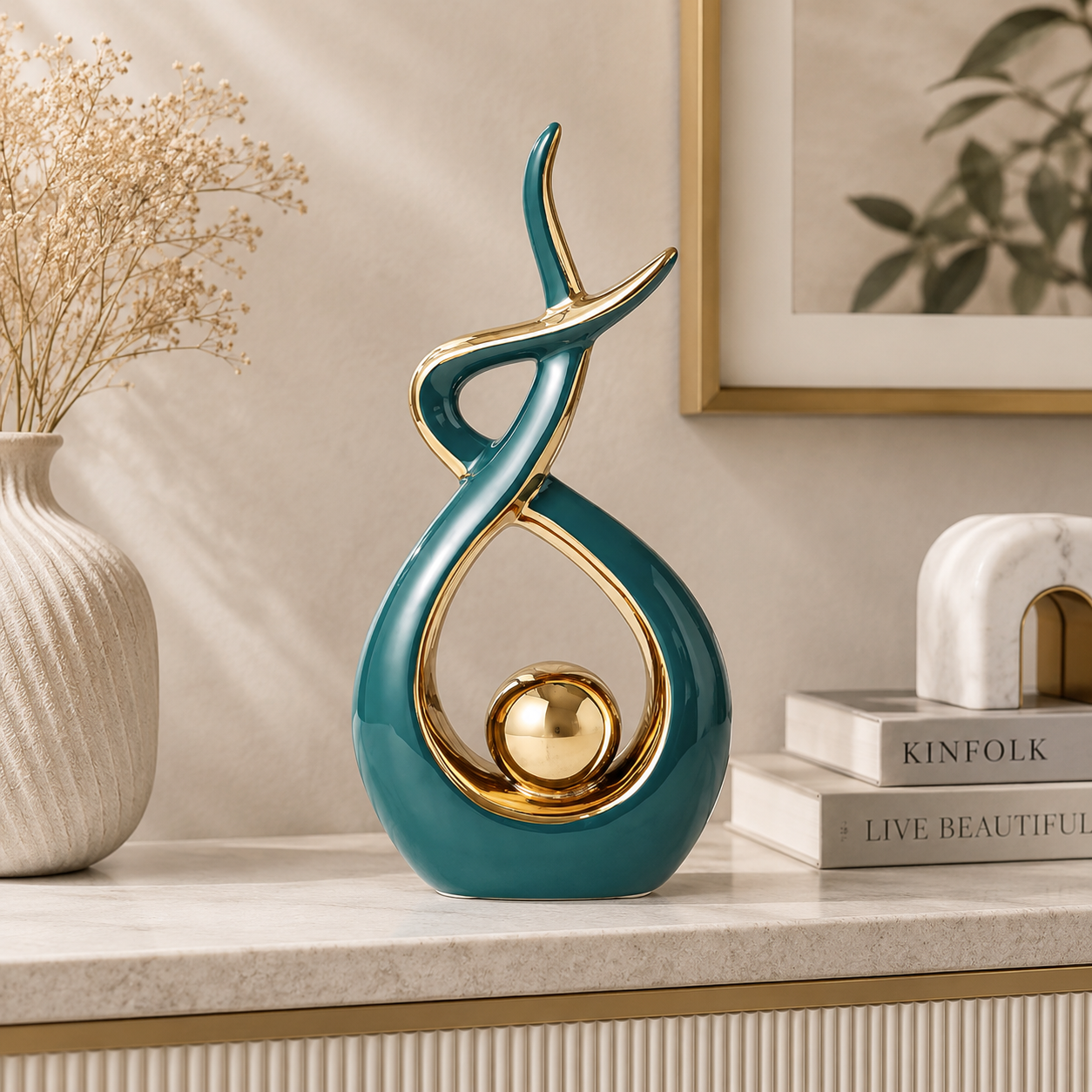 Modern Abstract Table Sculpture | Black Gold Decor Figurine | Luxury Shelf Accent for Living Room Desk Cabinet