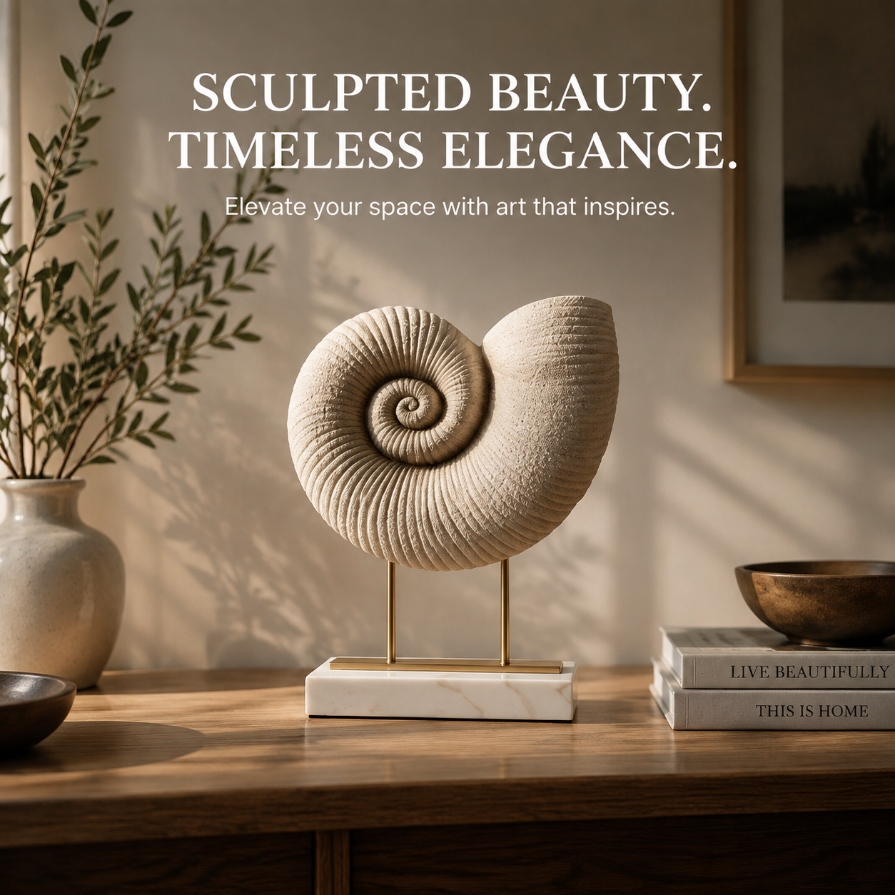 Decorative Sea Shell Figurine | Spiral Whelk Shell Statue | Coastal Home Decor Accent | Ocean Inspired Table Display Ornament