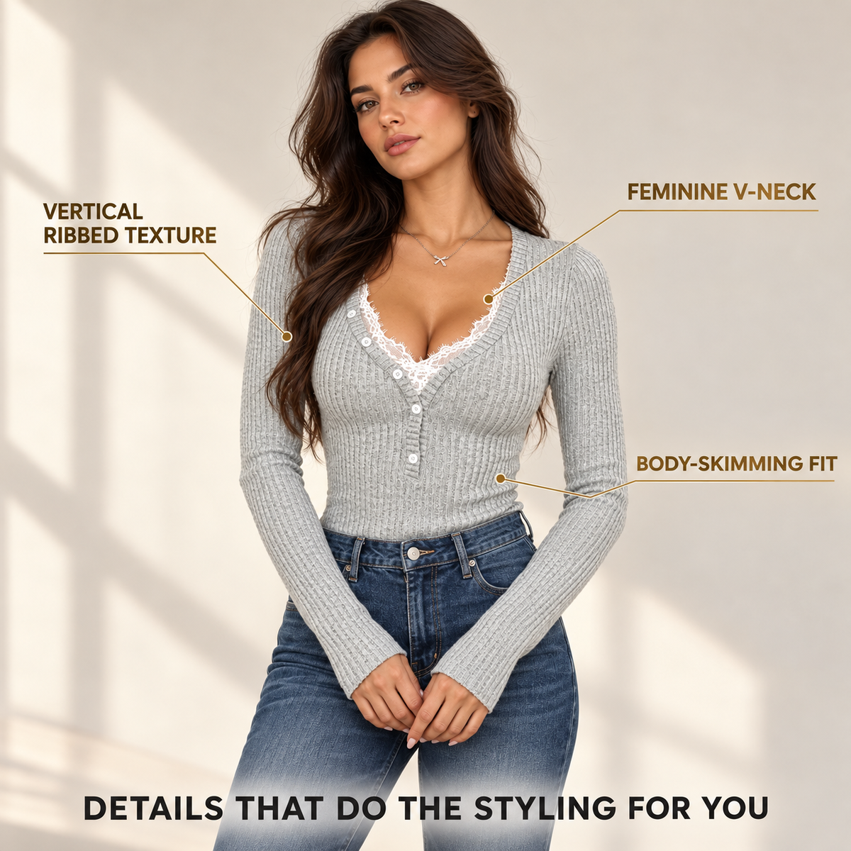Women’s Gray Ribbed Button Front Top, Fitted Long Sleeve V Neck Knit Shirt, Y2K Cardigan Top, Casual Slim Fit Layering Top