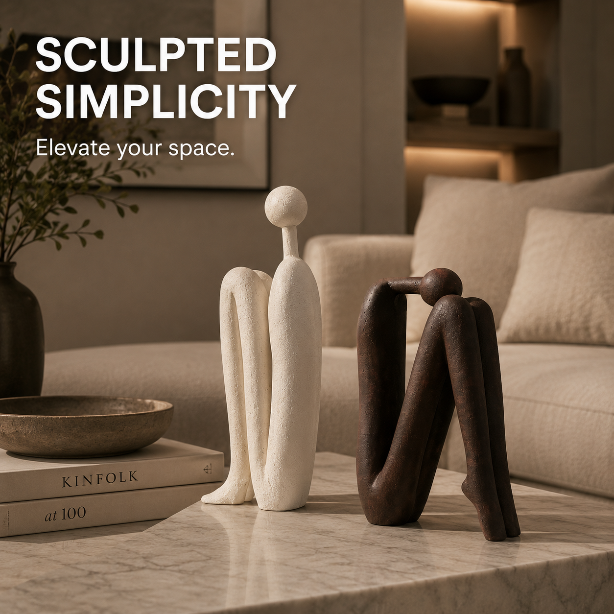 Resin Abstract Seated Figure Sculptures | Modern Minimalist Table Decor for Shelf Console Living Room Accent