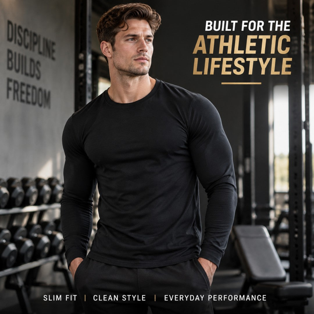 Slim Fit Mens Long Sleeve Shirt | Athletic Workout Top | Cotton Fitness Training Tee | Bodybuilding Gym Wear | Casual Sports Shirt