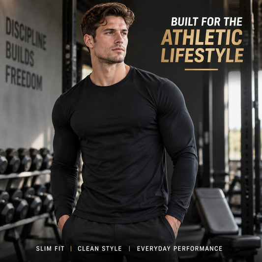 Slim Fit Mens Long Sleeve Shirt | Athletic Workout Top | Cotton Fitness Training Tee | Bodybuilding Gym Wear | Casual Sports Shirt