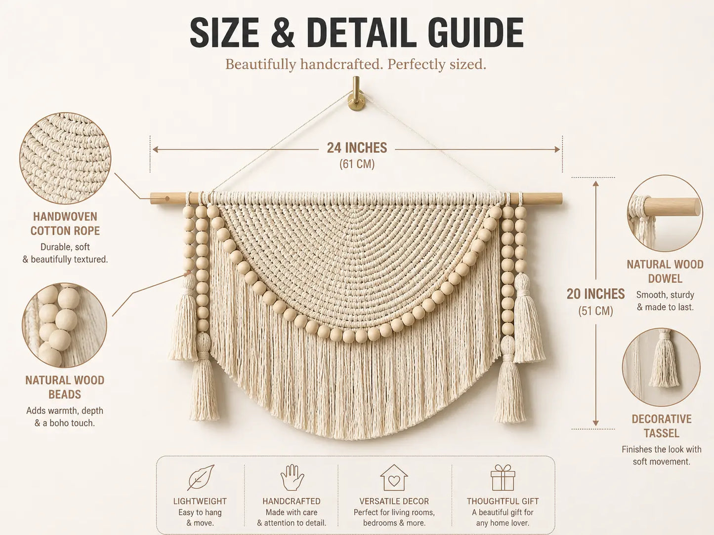 Macrame Wall Hanging Decor | Woven Wall Tapestry With Wood Beads | Boho Bedroom Living Room Office Accent Jumartins