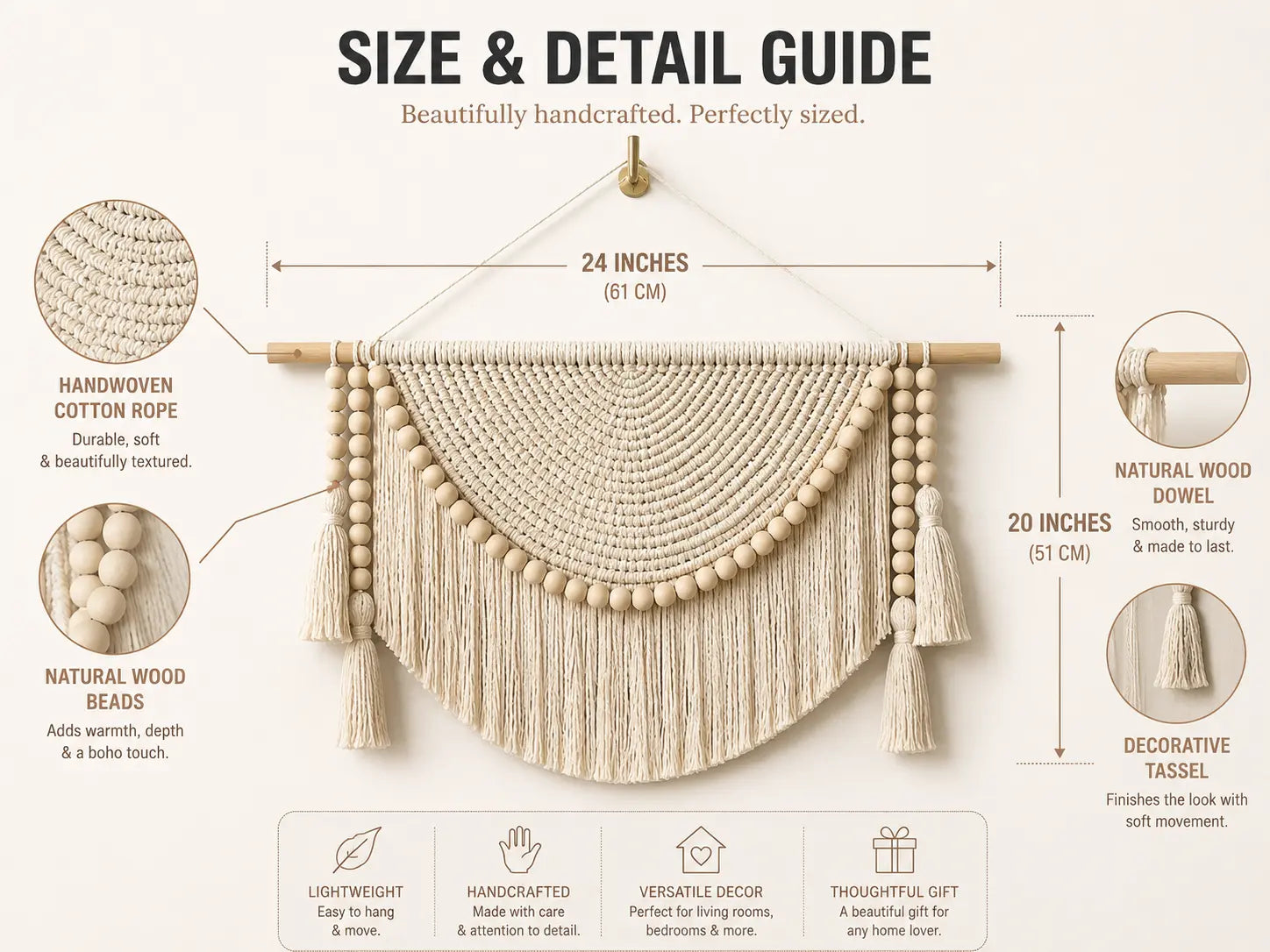 Macrame Wall Hanging Decor | Woven Wall Tapestry With Wood Beads | Boho Bedroom Living Room Office Accent Jumartins