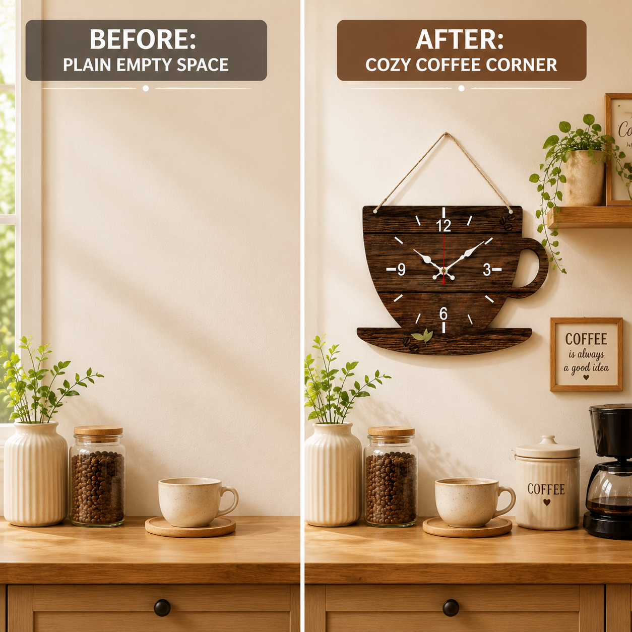 Coffee Cup Wall Clock | Wooden Hanging Clock | Coffee Inspired Home Decor | Kitchen Living Room Wall Art | Cozy Room Decoration