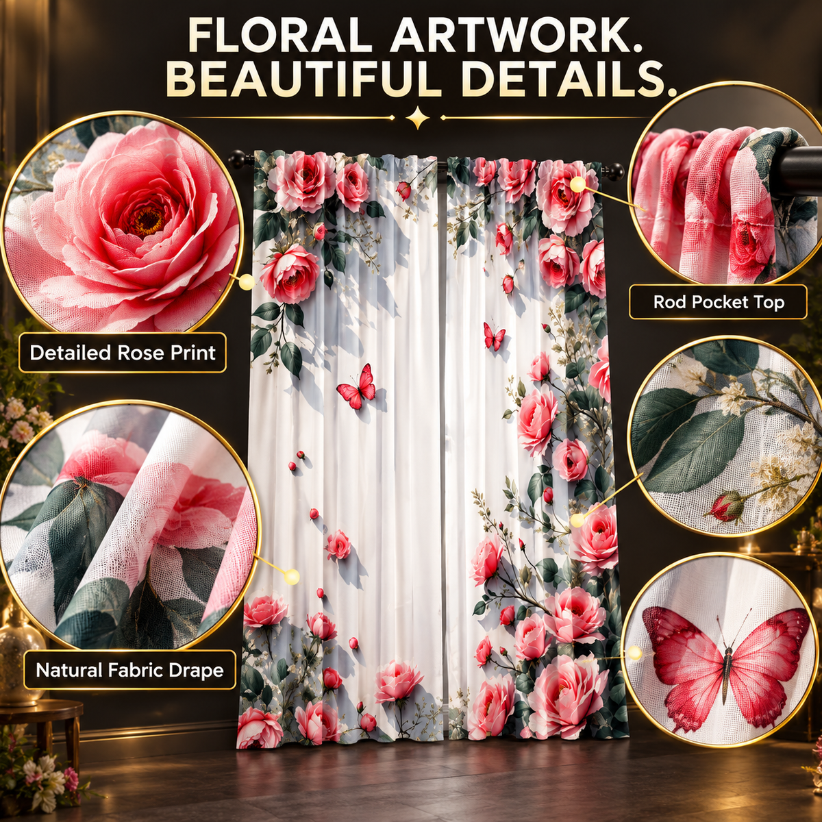 Floral Print Curtains | Romantic Rose Window Drapes | Bedroom Living Room Decor | Light Filtering Rod Pocket Panels