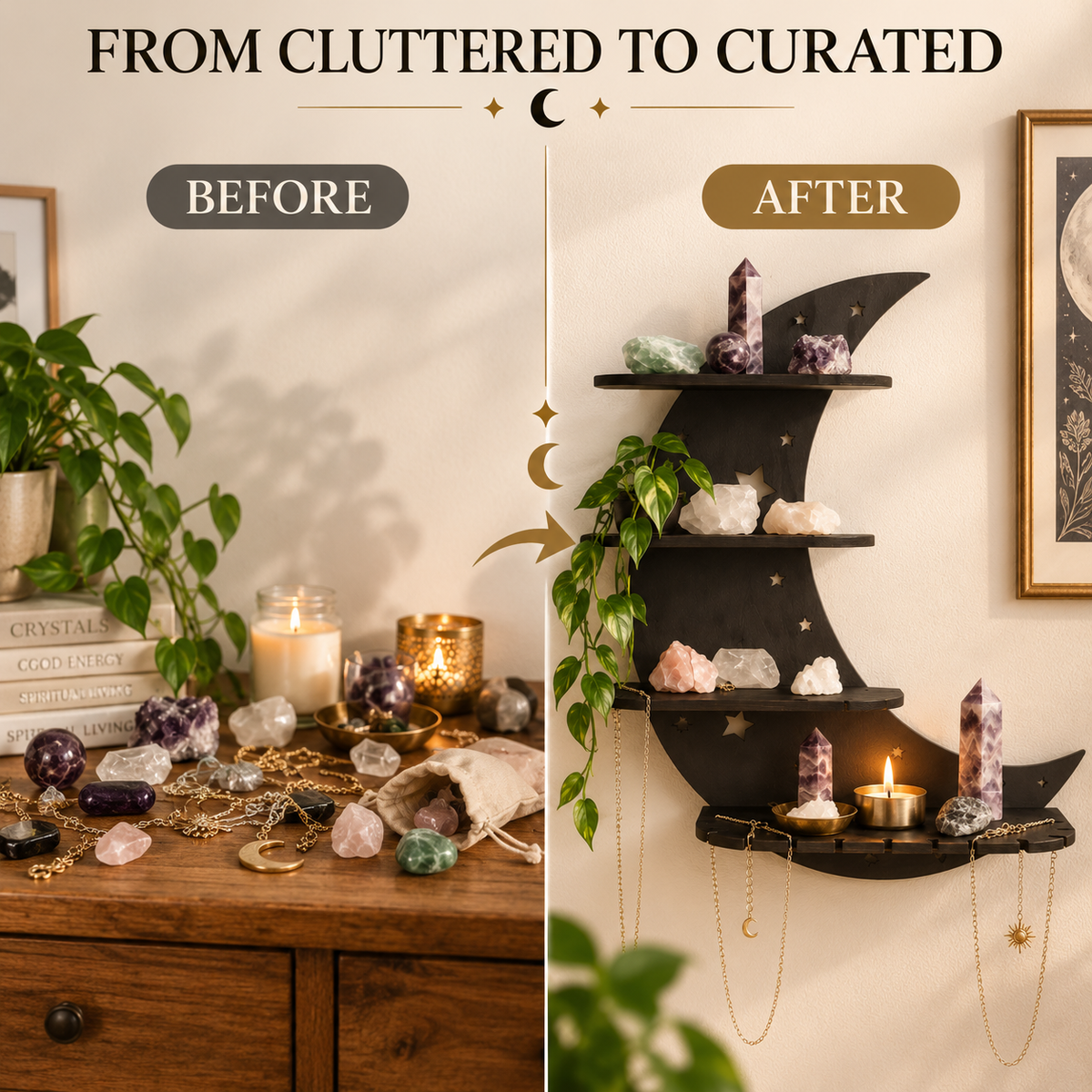 Crescent Moon Wall Shelf | Gothic Crystal Display Rack | Black Wooden Floating Shelves | Celestial Bedroom Decor