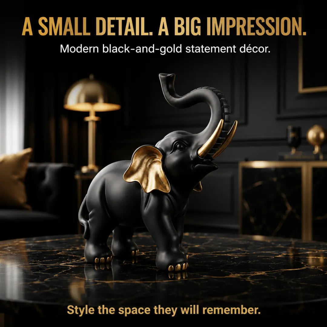 Black Gold Elephant Statue, Modern Resin Decor, Lucky Home Accent, Luxury Shelf Styling, Mantel Piece, Office Desk Decor Jumartins
