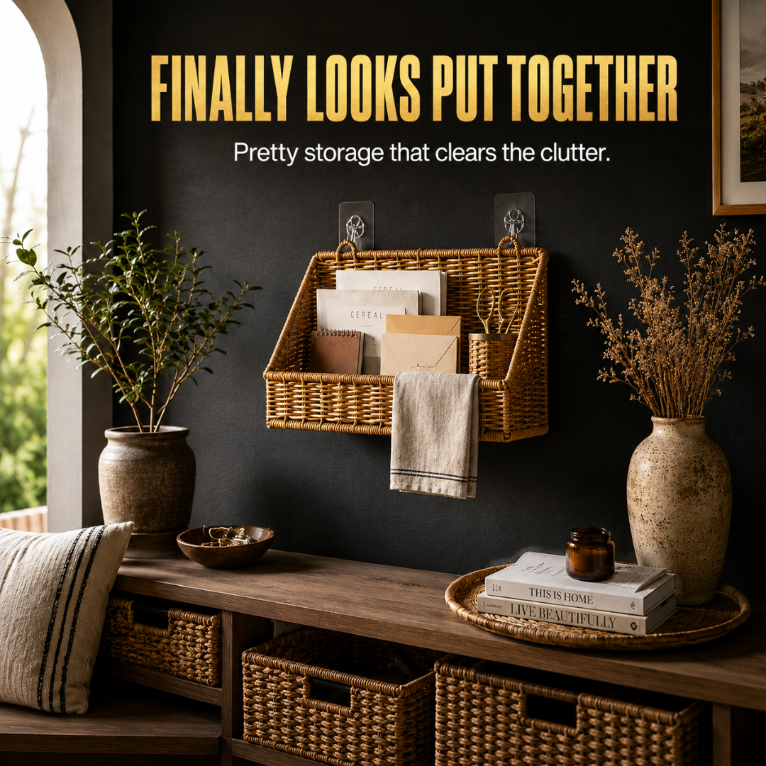 Wall Mounted Storage Basket – Boho Rattan-Look Hanging Organizer