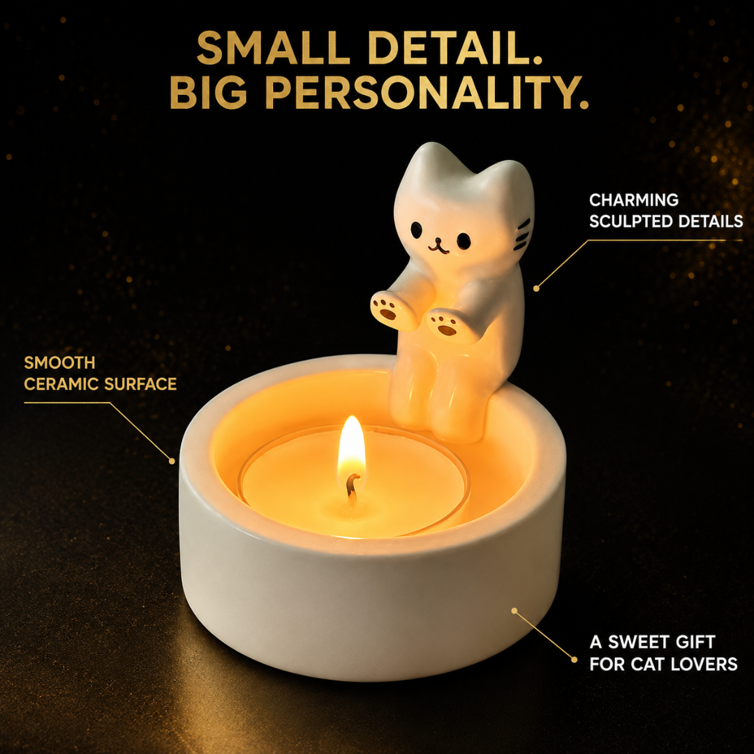 Cute Cat Candle Holder, Ceramic Kitten Decor, Tealight Holder Gift