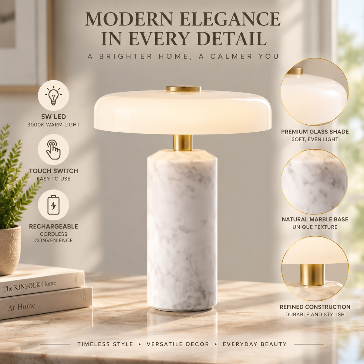 Rechargeable Marble Glass Table Lamp LED Desk Light Modern Home Decor Lighting For Living Room Bedroom Study