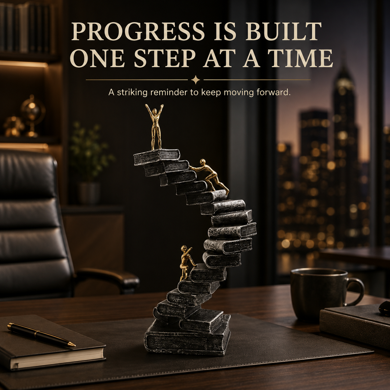 Climbing Book Staircase Sculpture | Gold Figure Office Decor | Inspirational Desk and Living Room Accent
