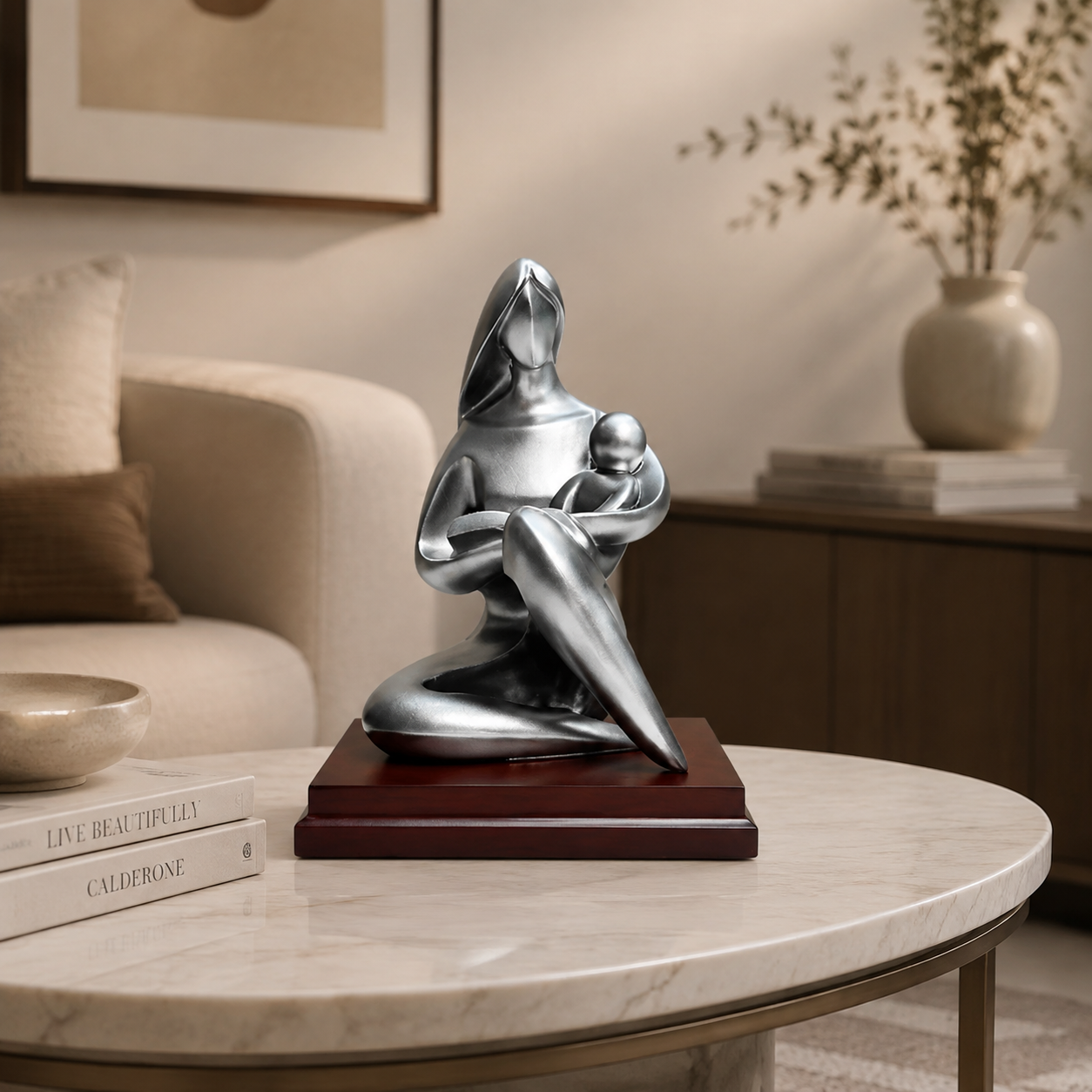 Mother and Son Abstract Sculpture | Family Figurine Statue | Silver Character Ornament for Desk Shelf Living Room Decor