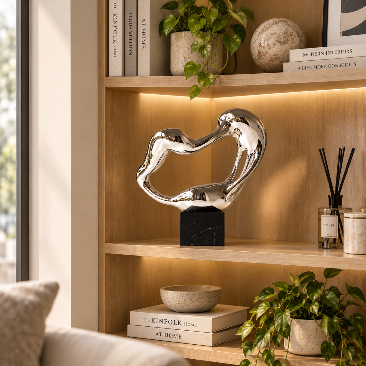 Silver Abstract Sculpture | Melting Heart Statue | Modern Desk Decor | Fluid Art Ornament | Shelf & Living Room Accent