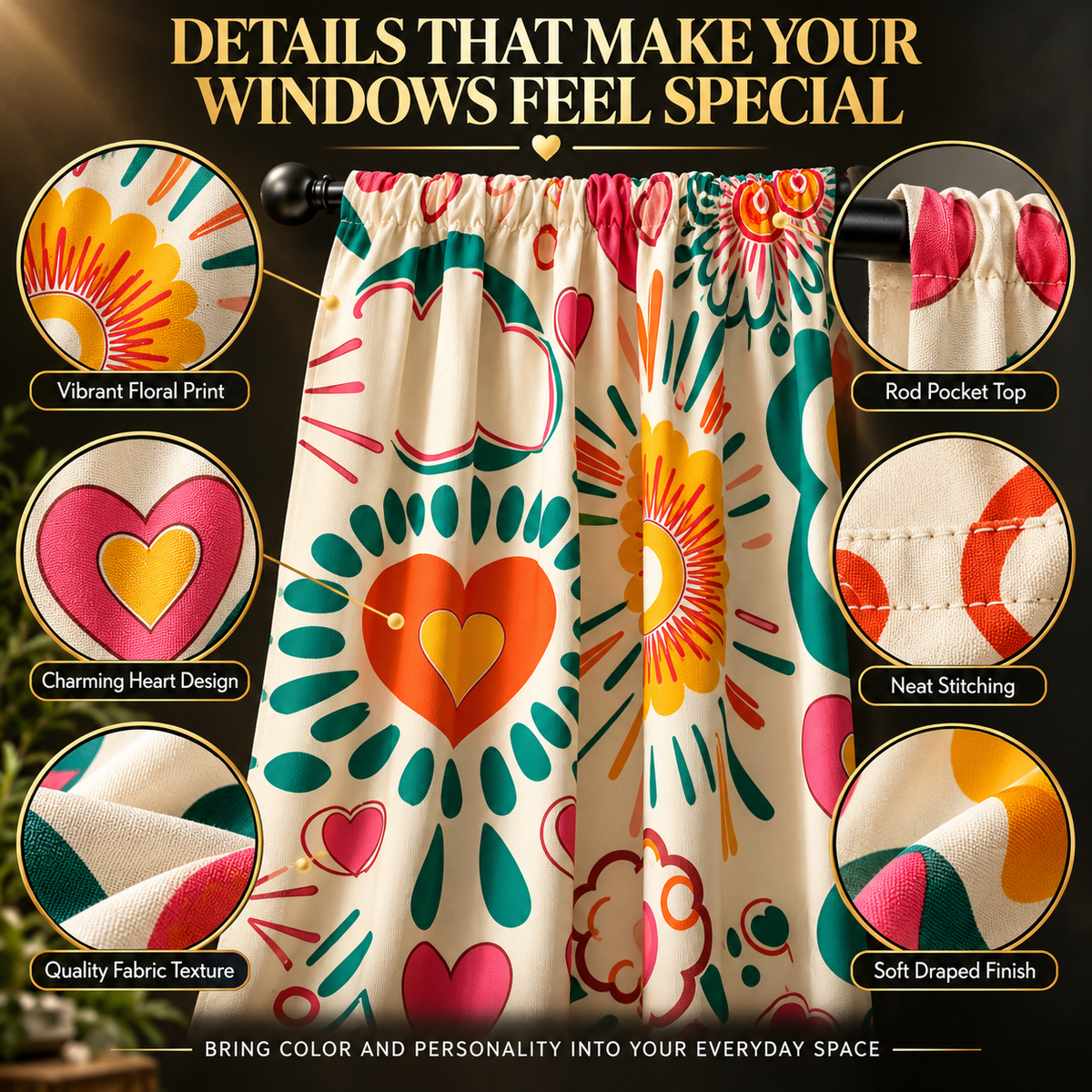 Floral Print Curtains | Heart Pattern Window Drapes | Rod Pocket Bedroom Curtains | Cozy Living Room Window Decor