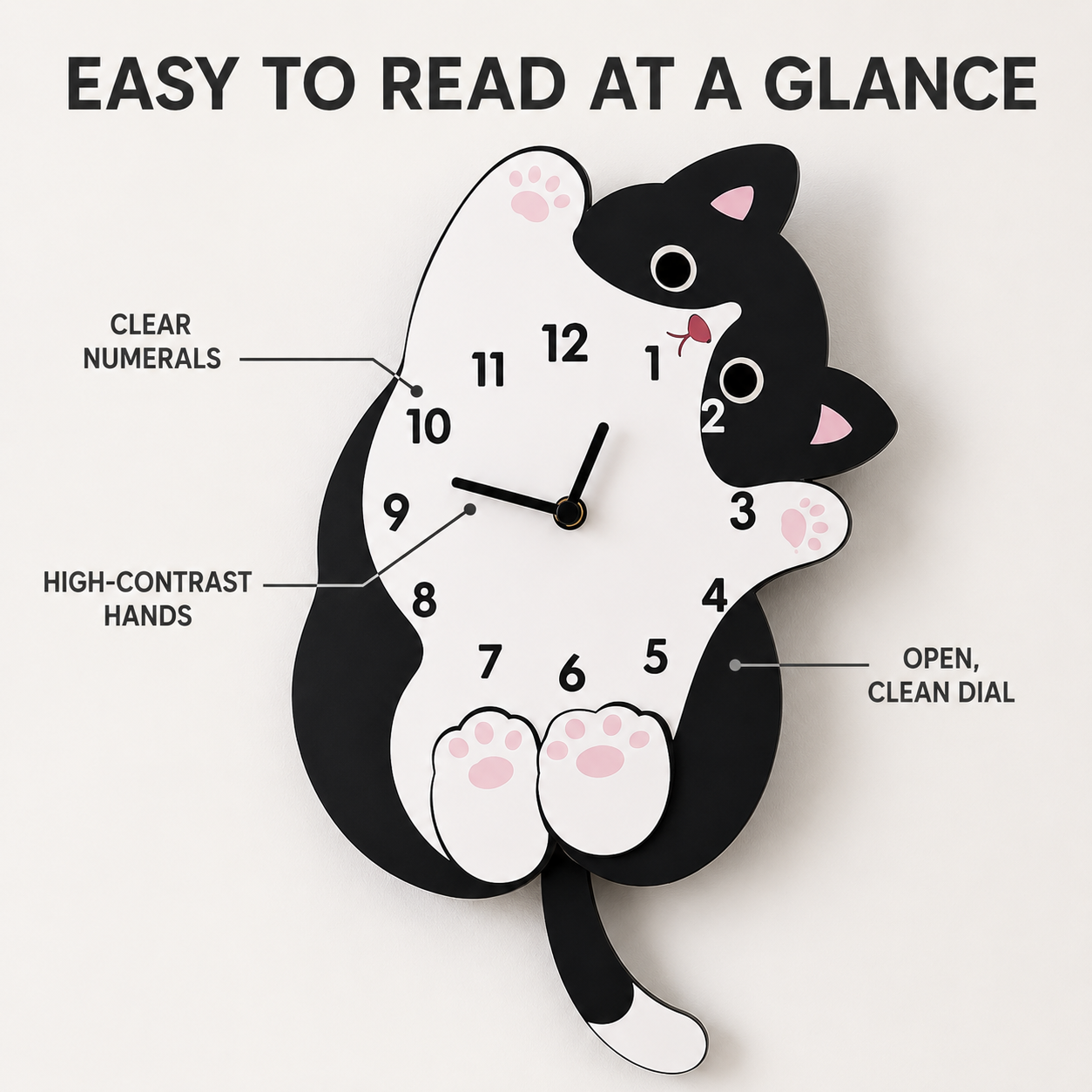 Cute Cat Tail Swaying Wall Clock | Cartoon Animal Wall Clock | Creative Hanging Home Decor | Living Room Bedroom Accent Clock