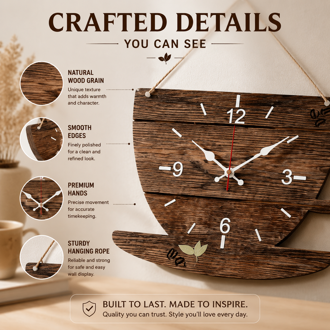 Coffee Cup Wall Clock | Wooden Hanging Clock | Coffee Inspired Home Decor | Kitchen Living Room Wall Art | Cozy Room Decoration