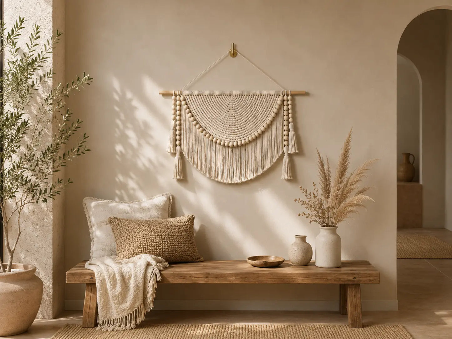 Macrame Wall Hanging Decor | Woven Wall Tapestry With Wood Beads | Boho Bedroom Living Room Office Accent Jumartins