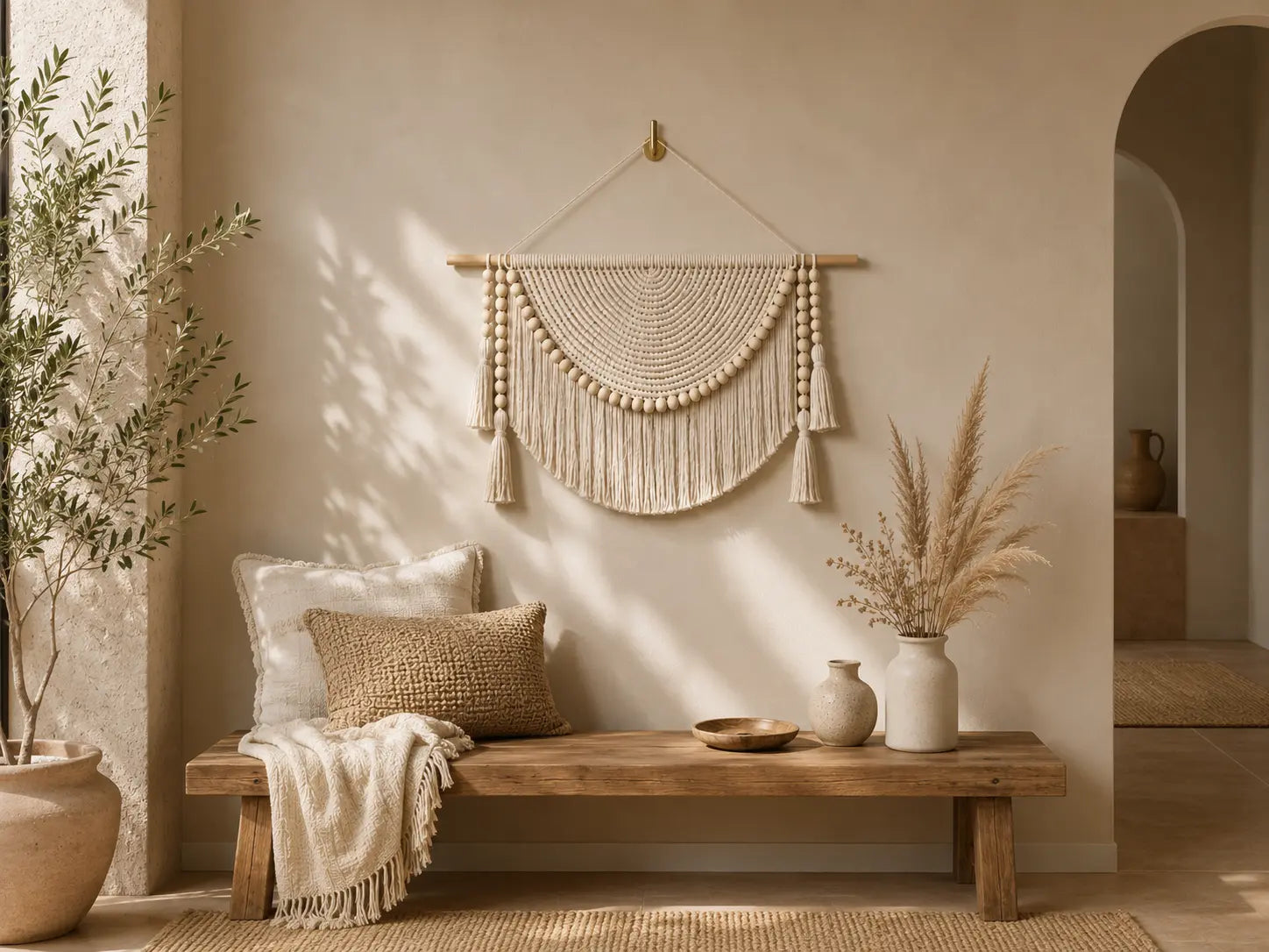 Macrame Wall Hanging Decor | Woven Wall Tapestry With Wood Beads | Boho Bedroom Living Room Office Accent Jumartins