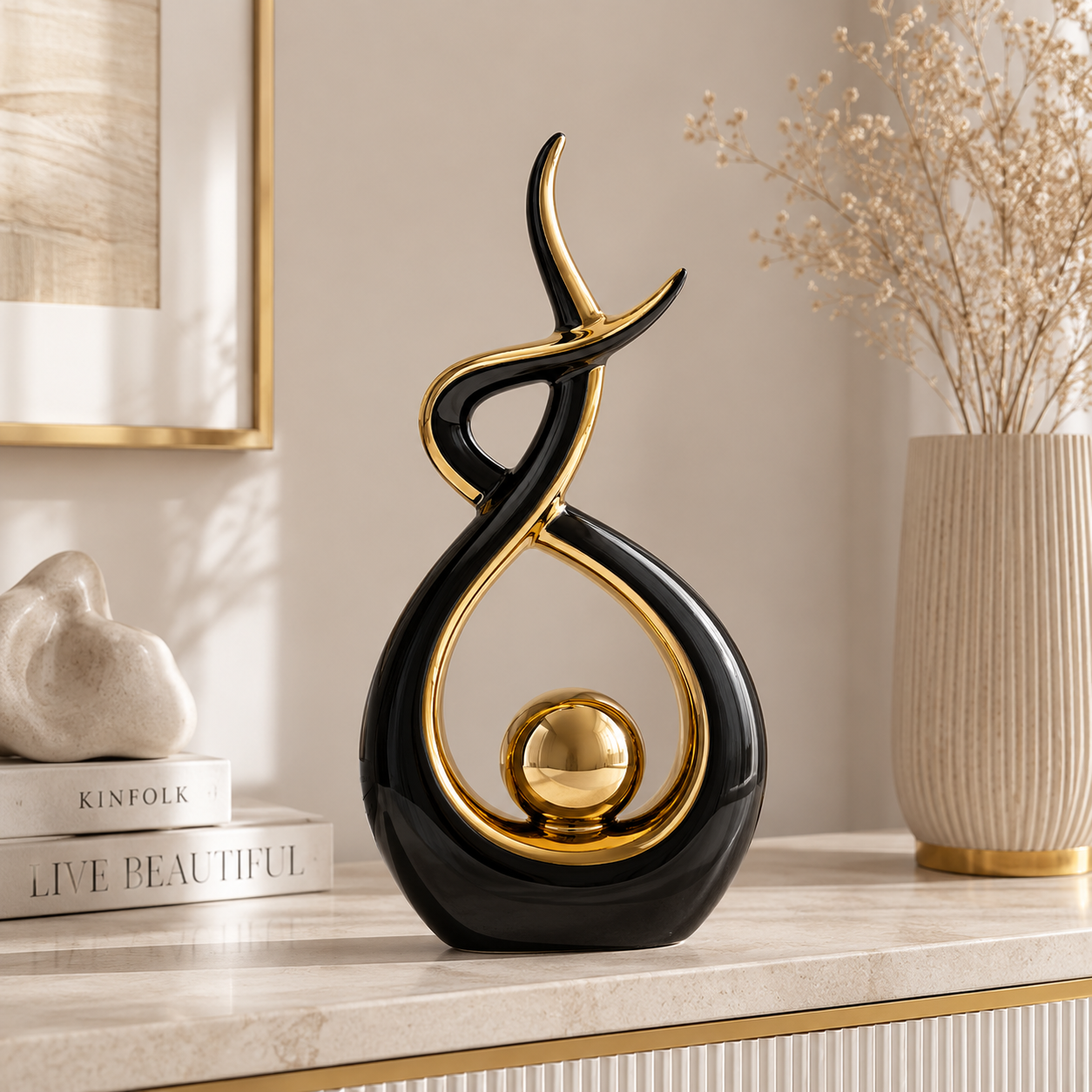 Modern Abstract Table Sculpture | Black Gold Decor Figurine | Luxury Shelf Accent for Living Room Desk Cabinet