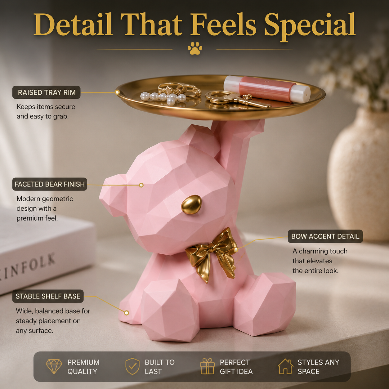 Cute Bear Jewelry Tray Organizer – Aesthetic Vanity Decor, Ring Holder, Key Dish, Small Item Storage for Desk & Nightstand