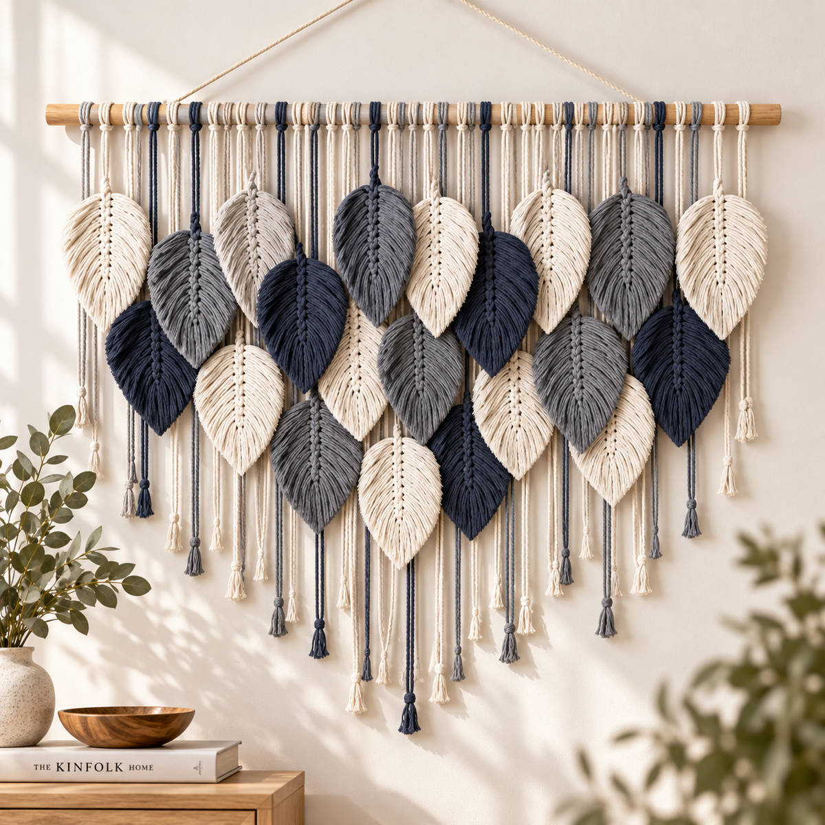 Boho Leaf Macrame Wall Hanging | Woven Feather Tapestry Decor | Textured Bedroom Living Room Wall Art | Natural Home Accent