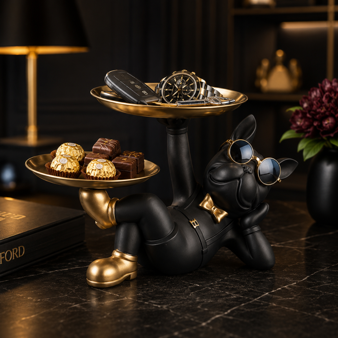 Black Bulldog Statue with Tray – Key Holder, Jewelry Organizer, Luxury Entryway Decor, Office Desk Accessory, Modern Home Accent Gift
