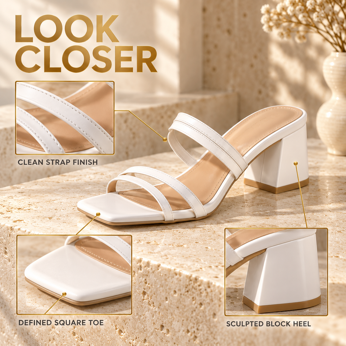 White Strappy Block Heel Sandals, Square Toe Open Toe Heels, Elegant Wedding Party Summer Dress Shoes