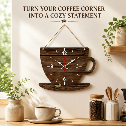 Coffee Cup Wall Clock | Wooden Hanging Clock | Coffee Inspired Home Decor | Kitchen Living Room Wall Art | Cozy Room Decoration