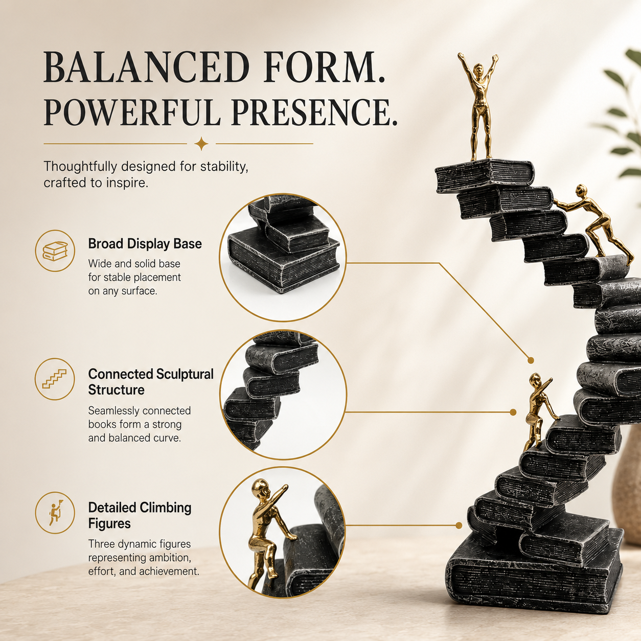 Climbing Book Staircase Sculpture | Gold Figure Office Decor | Inspirational Desk and Living Room Accent