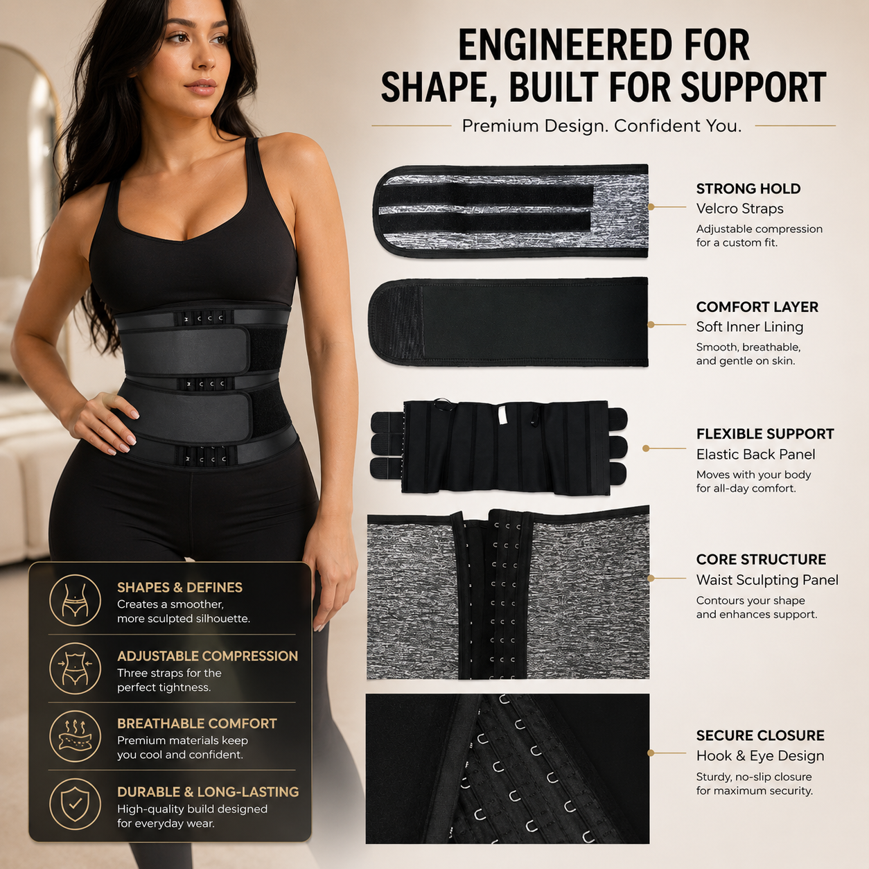Women Waist Trainer Belt | Adjustable Hook Closure Waist Support | Black Compression Wrap for Workout Layering