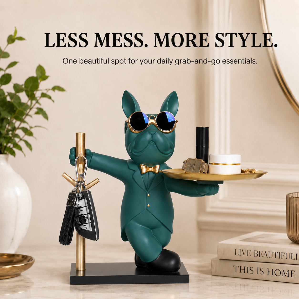 Bulldog Statue Tray Organizer | Decorative Dog Figurine Key Holder | Entryway Coin Tray Snack Holder | Tabletop Decor Gift