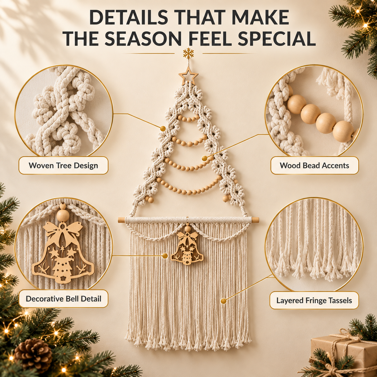 Christmas Tree Macrame Wall Hanging Woven Tapestry Holiday Decor Wood Beads Bell Bedroom Accent