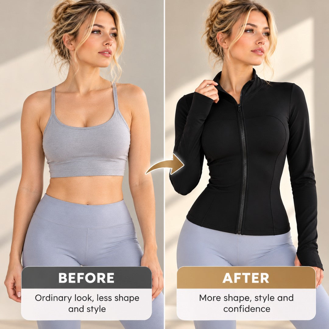Women's Black Zip Up Yoga Jacket | Slim Fit Long Sleeve Workout Top | Fitted Pilates Jacket | Minimalist Athleisure Wear