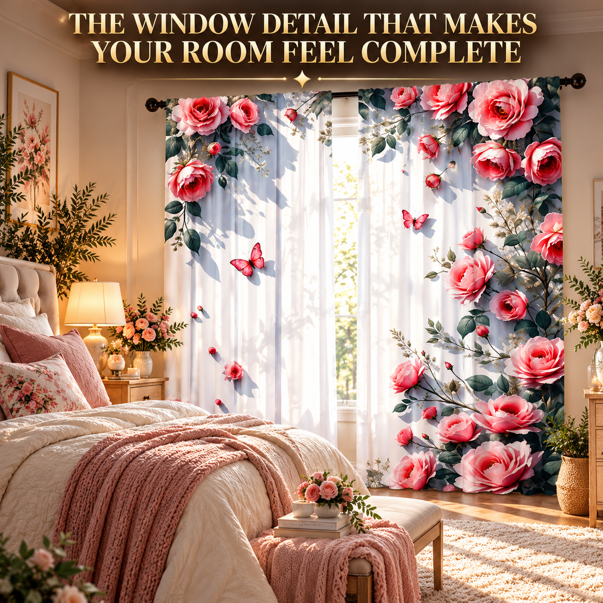 Floral Print Curtains | Romantic Rose Window Drapes | Bedroom Living Room Decor | Light Filtering Rod Pocket Panels