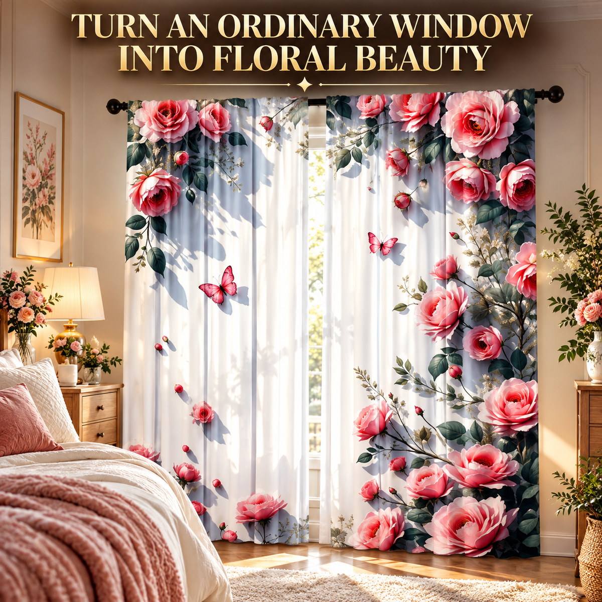 Floral Print Curtains | Romantic Rose Window Drapes | Bedroom Living Room Decor | Light Filtering Rod Pocket Panels