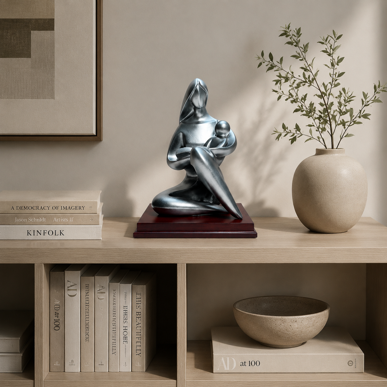 Mother and Son Abstract Sculpture | Family Figurine Statue | Silver Character Ornament for Desk Shelf Living Room Decor