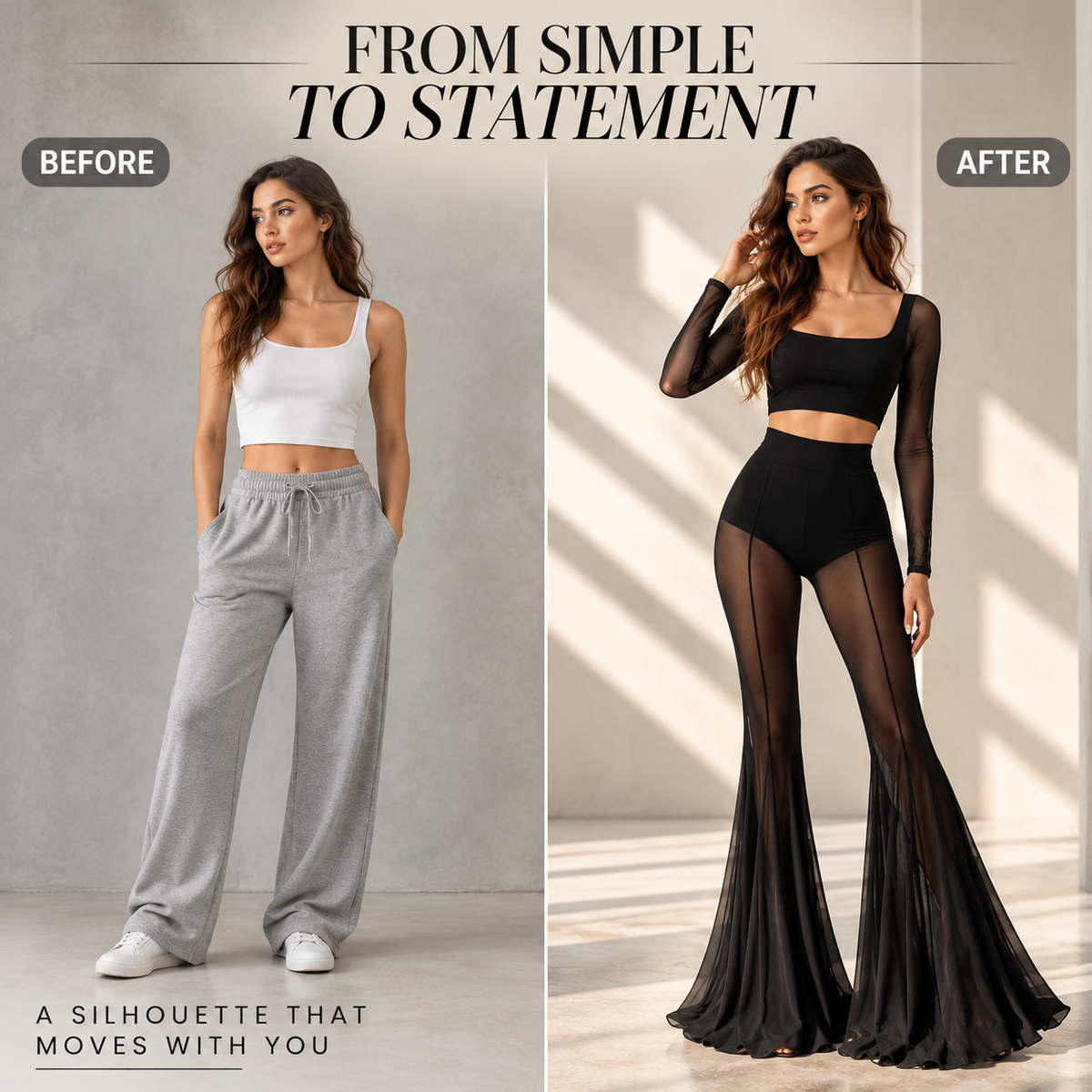Women's Sheer Mesh Flare Pants, High Waist Bell Bottom Trousers, Layered See Through Party Pants, Elegant Clubwear
