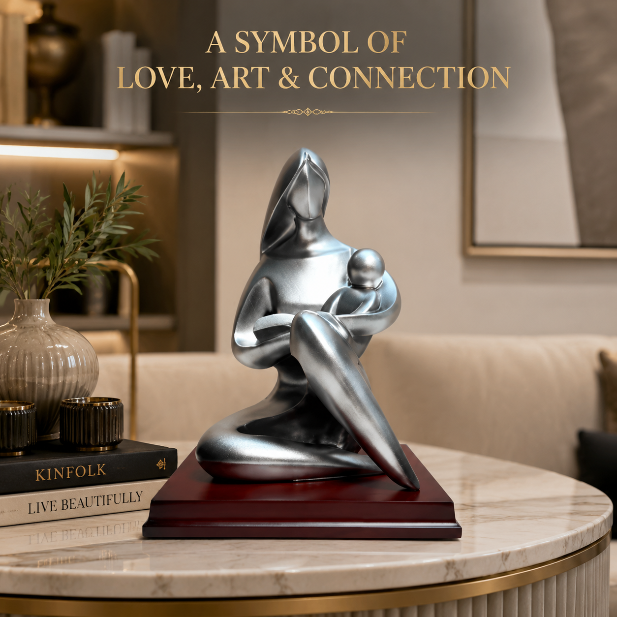 Mother and Son Abstract Sculpture | Family Figurine Statue | Silver Character Ornament for Desk Shelf Living Room Decor