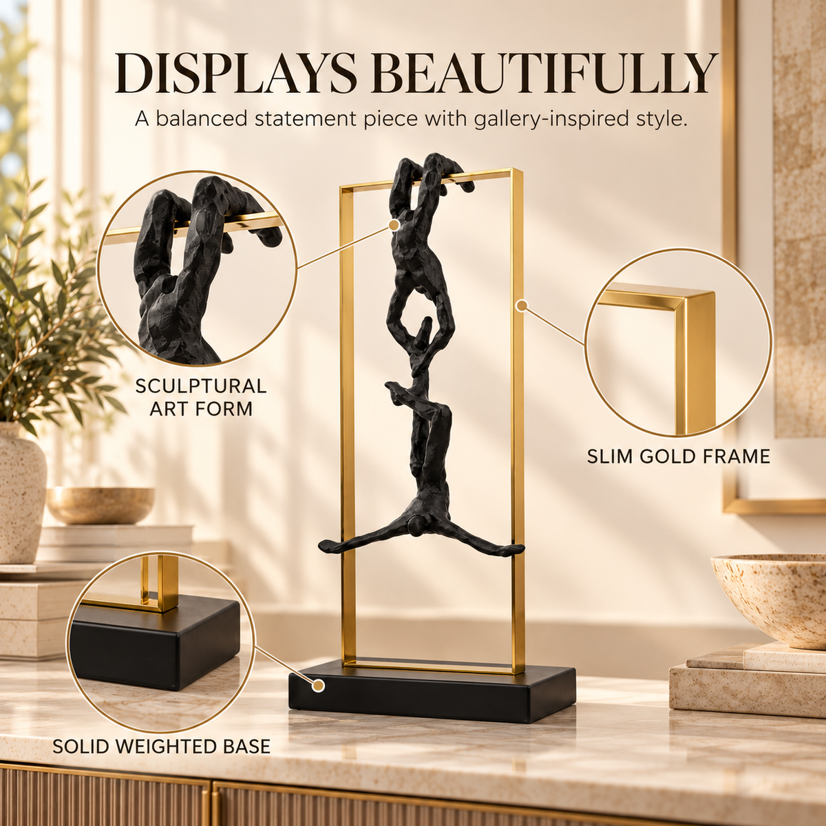 Abstract Climbing Figure Sculpture | Resin Athlete Statue | Modern Desk Decoration | Gold Frame Tabletop Accent for Living Room or Office