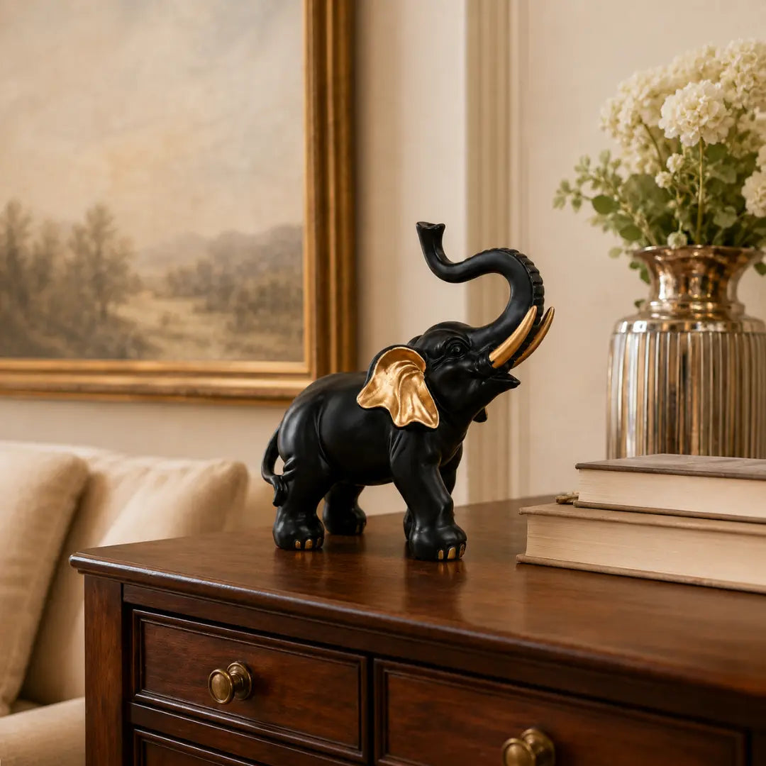 Black Gold Elephant Statue, Modern Resin Decor, Lucky Home Accent, Luxury Shelf Styling, Mantel Piece, Office Desk Decor Jumartins